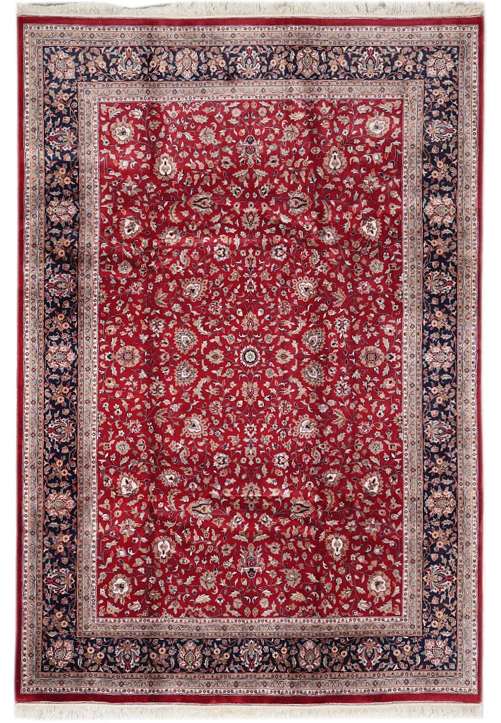 Handmade Kashan Area Rug 8' x 11.6' Red Wool Silk Blend: Handmade Kashan Area Rug 8' x 11.6' Red Wool Silk Blend Free continental US Shipping This exquisite handmade area rug showcases a stunning Kashan pattern, embodying elegance and high quality. The main
