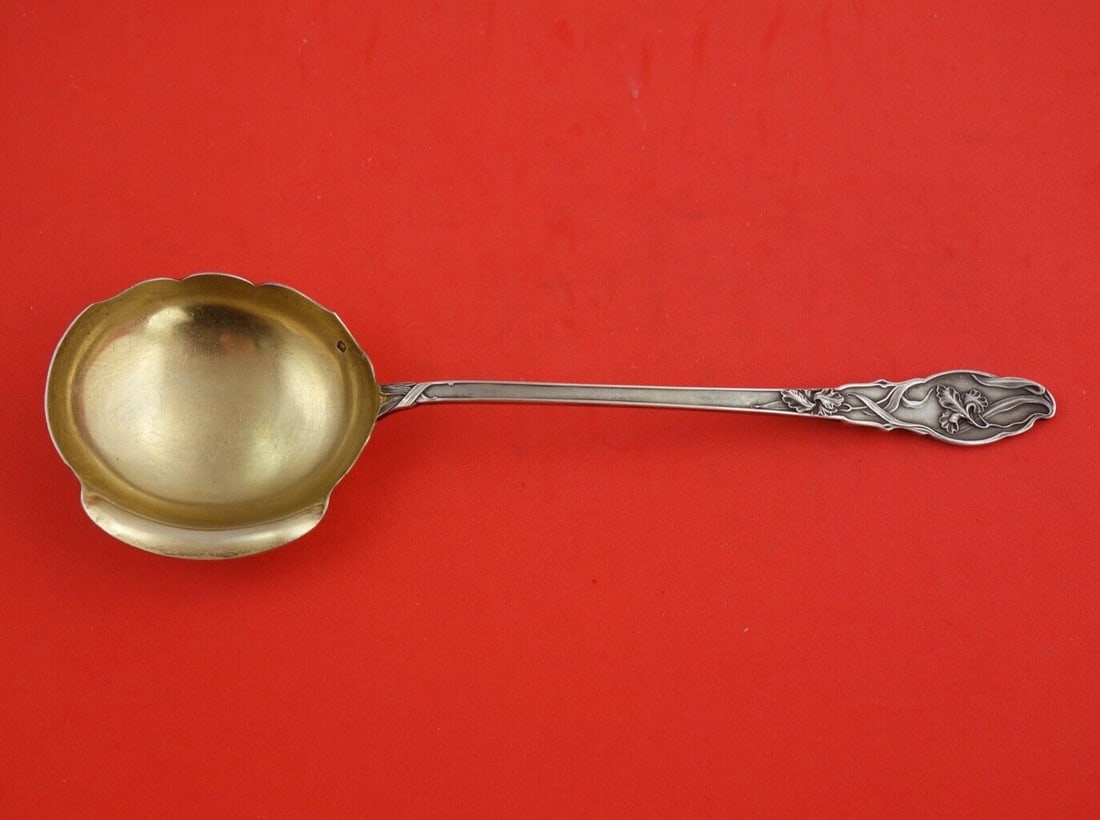 French Sterling Silver Bouillon Ladle Gold Washed Iris Flowers 9 1/4" (1 of 2)