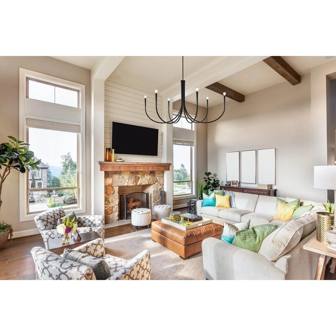 Living District Layne 6-Light Black Farmhouse Chandelier 50 Inch: Living District Layne 6-Light Black Farmhouse Chandelier 50 Inch Illuminate your space with this stunning 6-light chandelier, designed in a classic farmhouse style. The chandelier features a robust bl