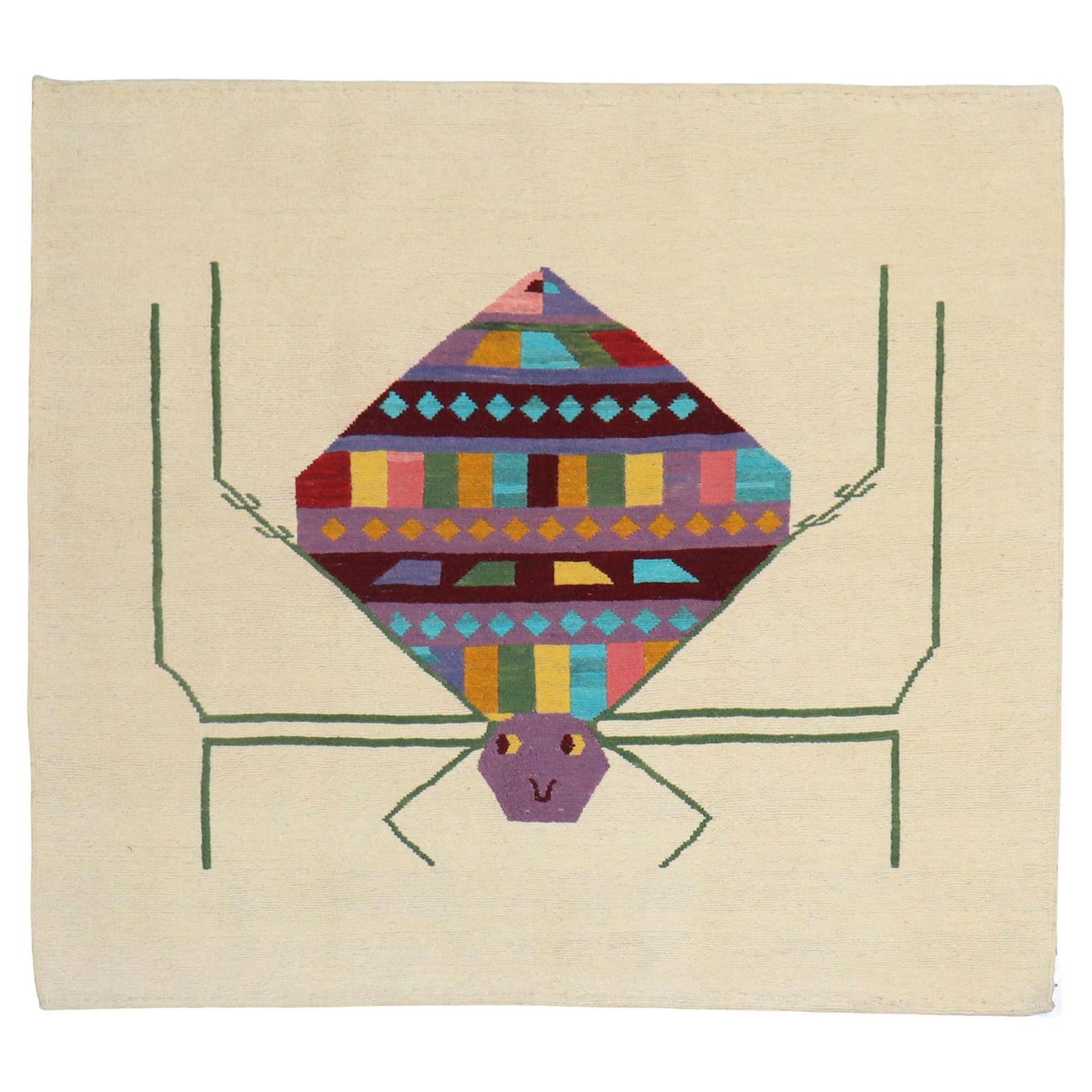 Whimsical Spider Persian Kilim Wall Hanging Steampunk Wool 38 x 45: Whimsical Spider Persian Kilim Wall Hanging Steampunk Wool 38 x 45 This stunning Spider Persian Kilim Wall Hanging features a vibrant and whimsical design with a colorful spider set against a beige ba