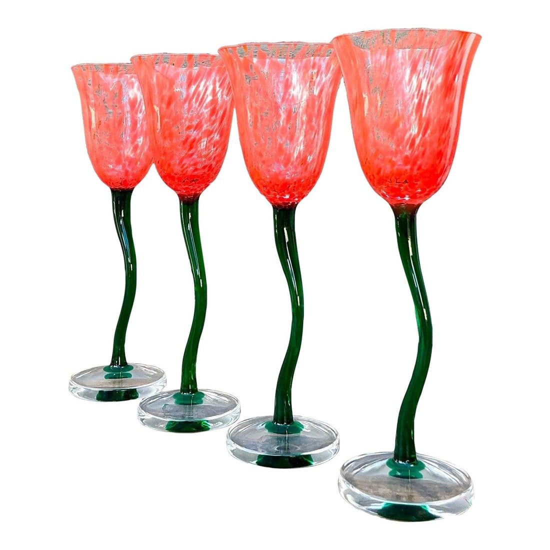 Vintage Boho Art Glass Goblets Set of 4 Coral Red Floral Design (1 of 10)