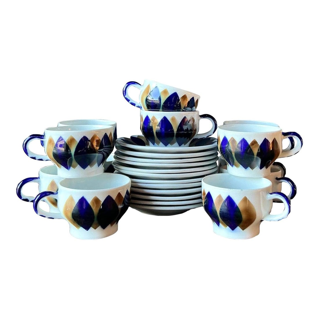 Vintage Sargadelos Ceramic Demitasse Cup Saucer Set for 12: Vintage Sargadelos Ceramic Demitasse Cup Saucer Set for 12 This exquisite vintage demitasse cup and saucer set captures the bold graphic style characteristic of Mid-Century modern Spanish ceramics, sp