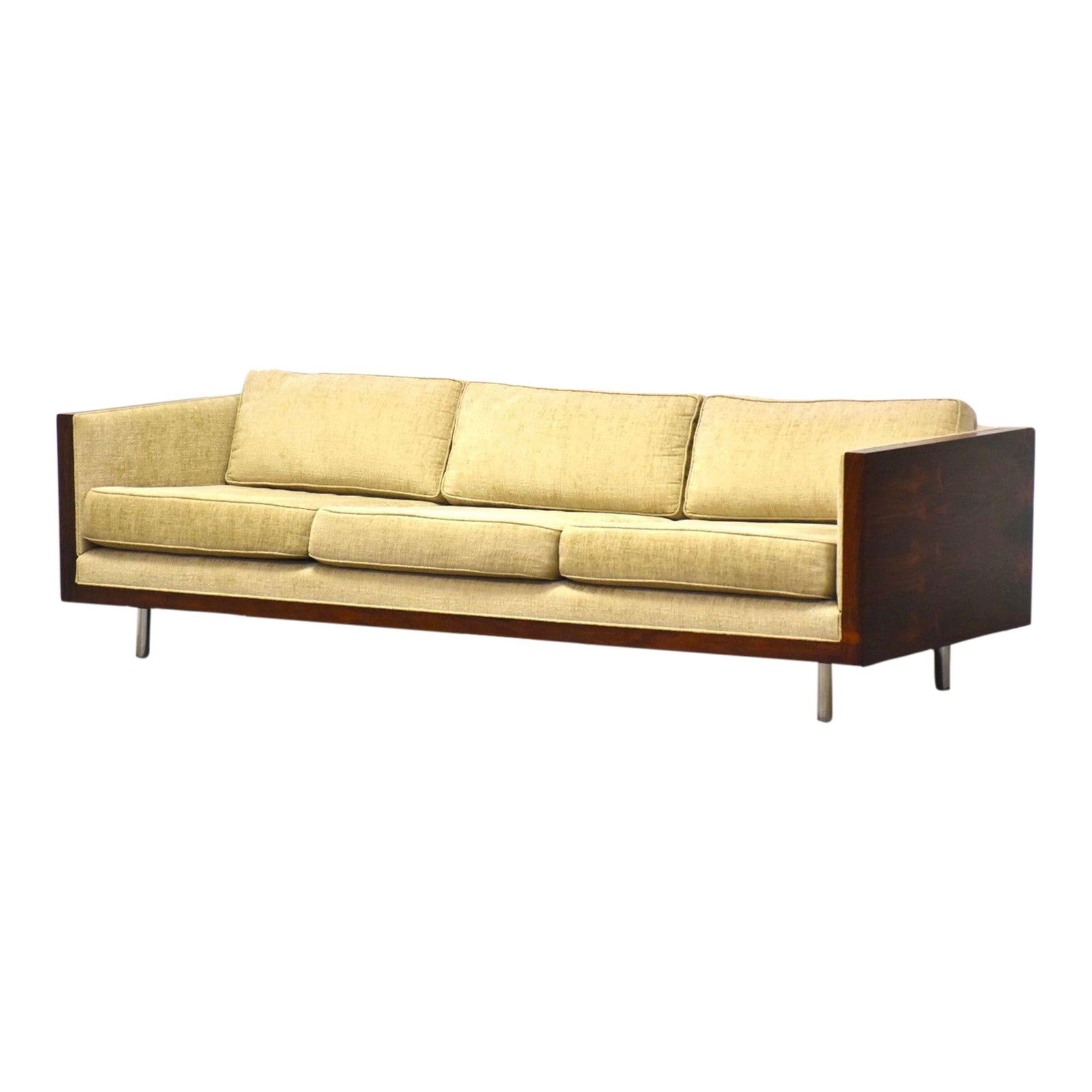 Milo Baughman Inspired Rosewood Chrome Sofa Beige Upholstery: Milo Baughman Inspired Rosewood Chrome Sofa Beige Upholstery Discover this stunning mid-century modern sofa featuring a rosewood frame and chic chrome legs, reminiscent of the iconic style of Milo Bau