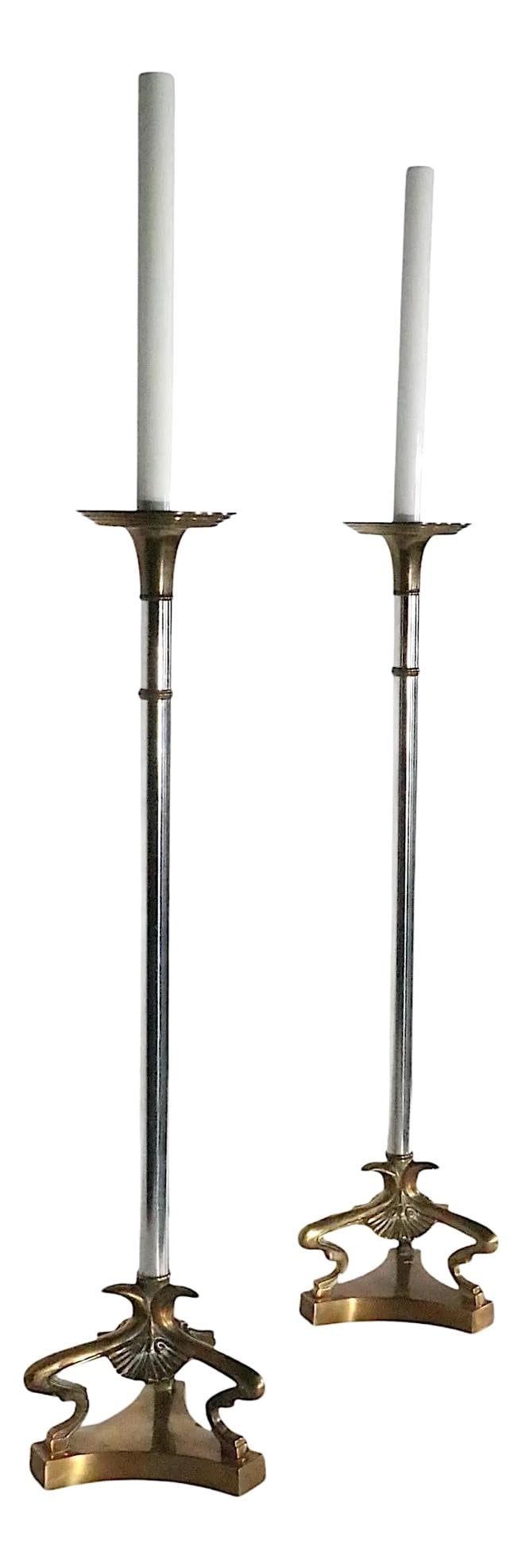 Chic Maitland Smith Style Chrome Brass Table Lamps Pair 32.75" Tall: Chic Maitland Smith Style Chrome Brass Table Lamps Pair 32.75" Tall This chic pair of candlestick lamps features a striking combination of bright chrome and cast brass. The lamps are designed with tri