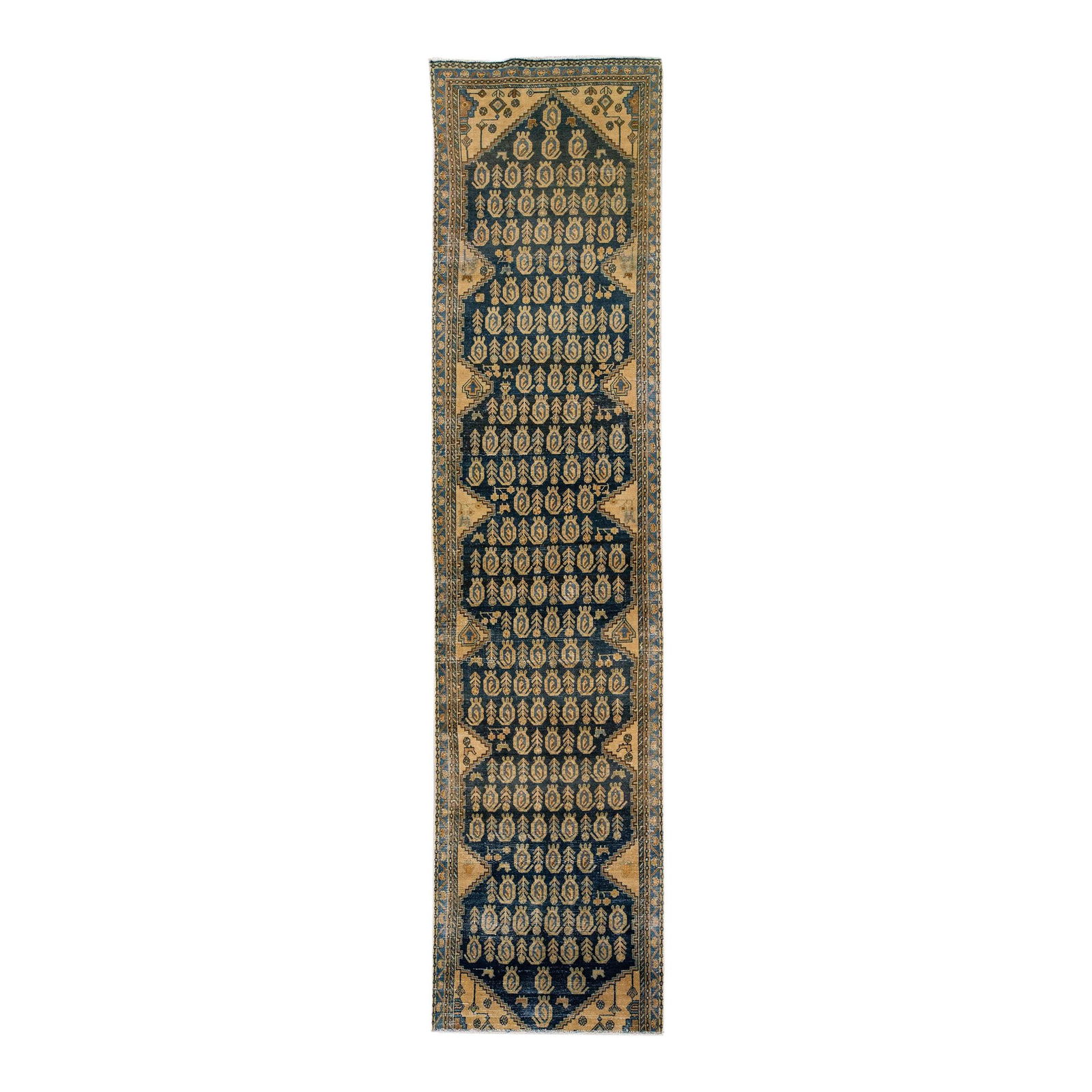Vintage Persian Distressed Hand-Knotted Blue Wool Runner 3'8 x 15'10: Vintage Persian Distressed Hand-Knotted Blue Wool Runner 3'8 x 15'10 This stunning vintage Persian runner features a beautiful distressed design, meticulously hand-knotted from high-quality wool. The