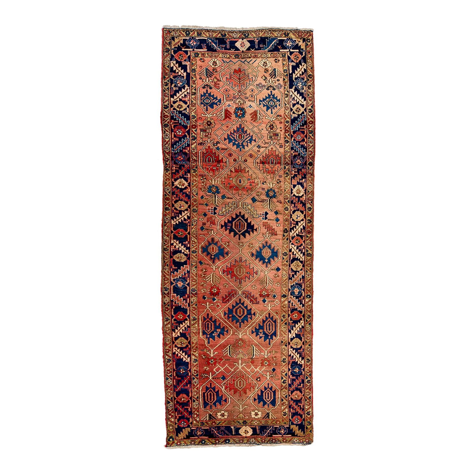 Vintage 1960s Persian Heriz Wool Runner Peach Multicolor Design: Vintage 1960s Persian Heriz Wool Runner Peach Multicolor Design Enhance your space with this exquisite vintage Persian Heriz wool runner. Featuring a beautiful peach field complemented by a multicolor
