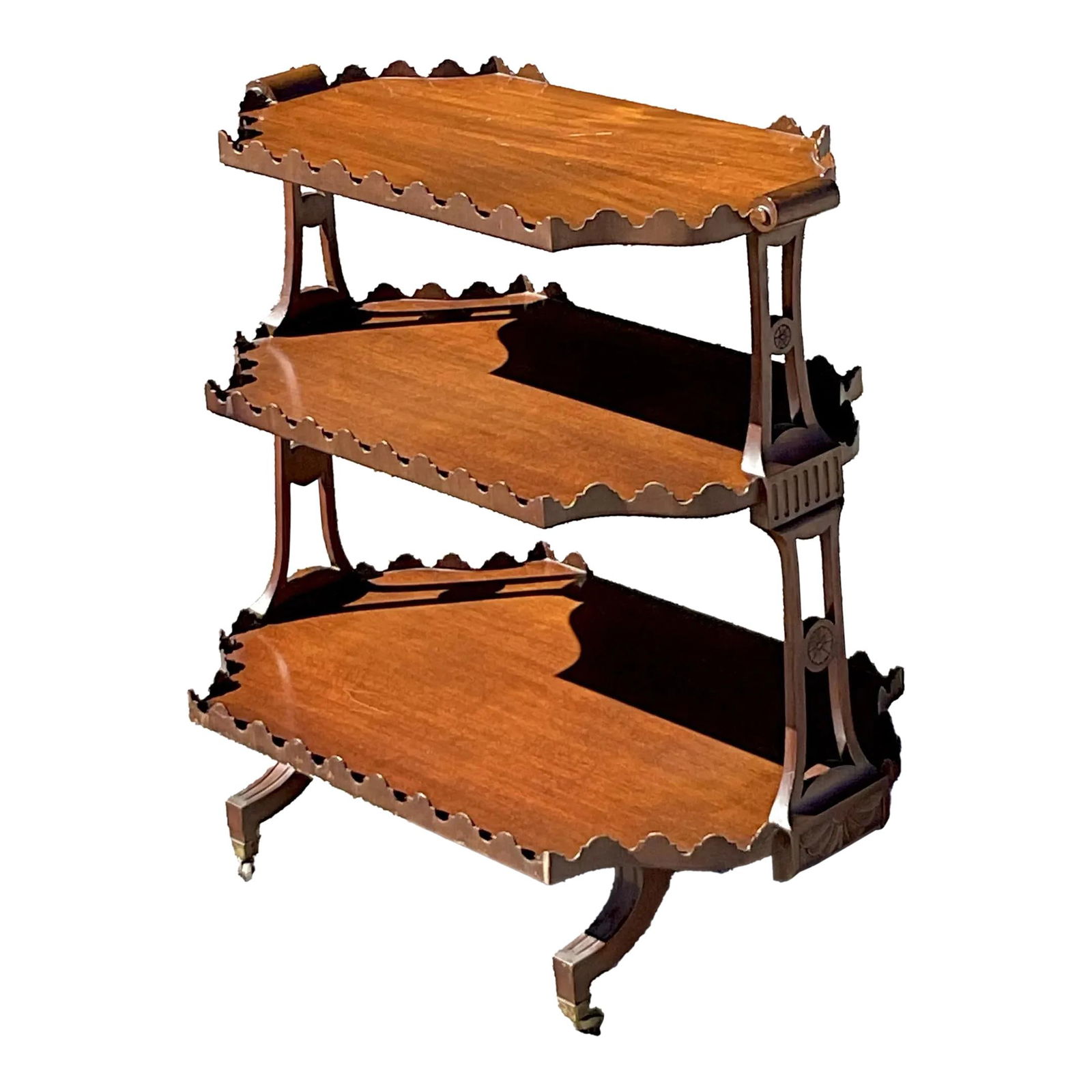Charming Vintage Regency Scalloped Tiered Tray Tabouret in Sienna Wood: Charming Vintage Regency Scalloped Tiered Tray Tabouret in Sienna Wood Elevate your entertaining space with this charming Vintage Regency Scalloped Tabouret. This tiered tray boasts a scalloped butler