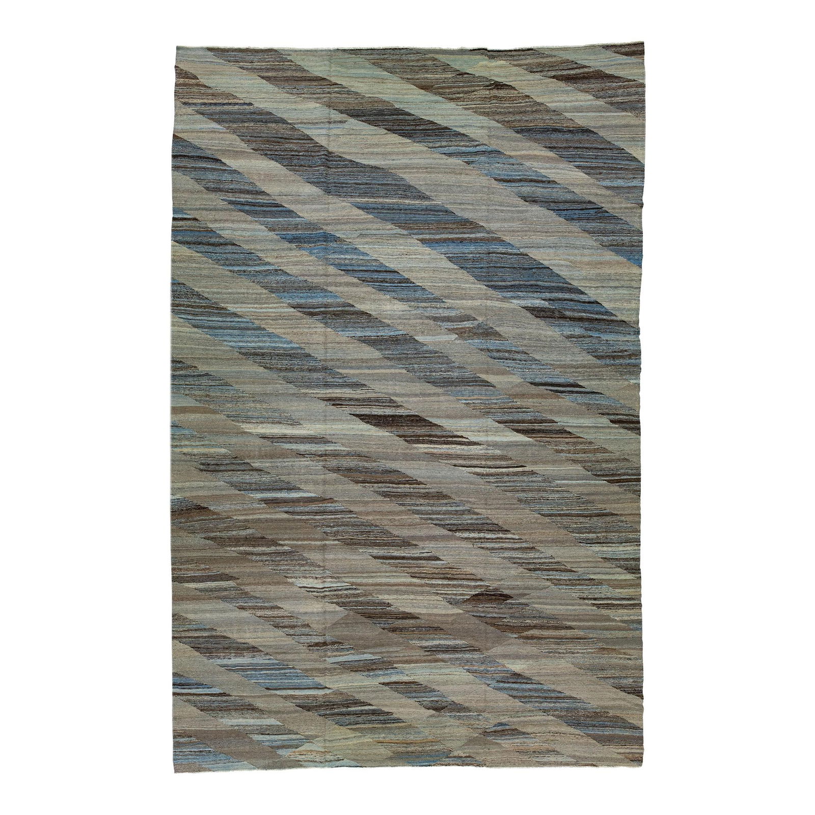 Modern Turkish Wool Kilim Rug 10'8 x 16'4 Abstract Brown Blue: Modern Turkish Wool Kilim Rug 10'8 x 16'4 Abstract Brown Blue This modern flatweave Kilim rug showcases a striking contemporary design with a rich brown field adorned with abstract geometric motifs in