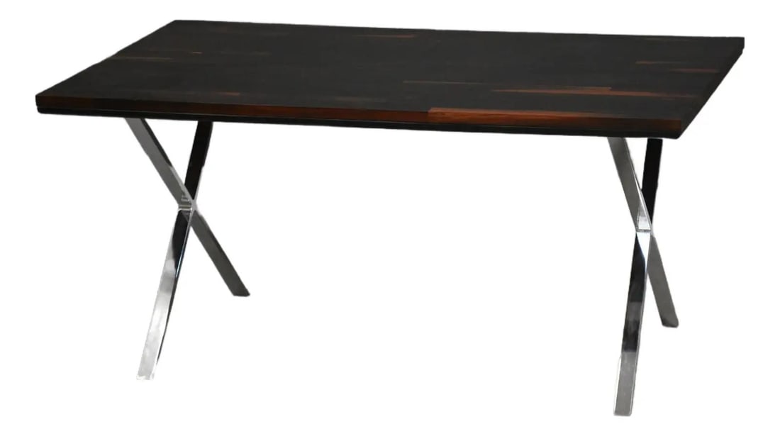 1970s David Parlee Rosewood Chrome Desk Table Mid Century Modern: 1970s David Parlee Rosewood Chrome Desk Table Mid Century Modern This stunning mid-century modern desk table, designed by David Parlee for Founders, showcases a beautiful solid rosewood surface comple