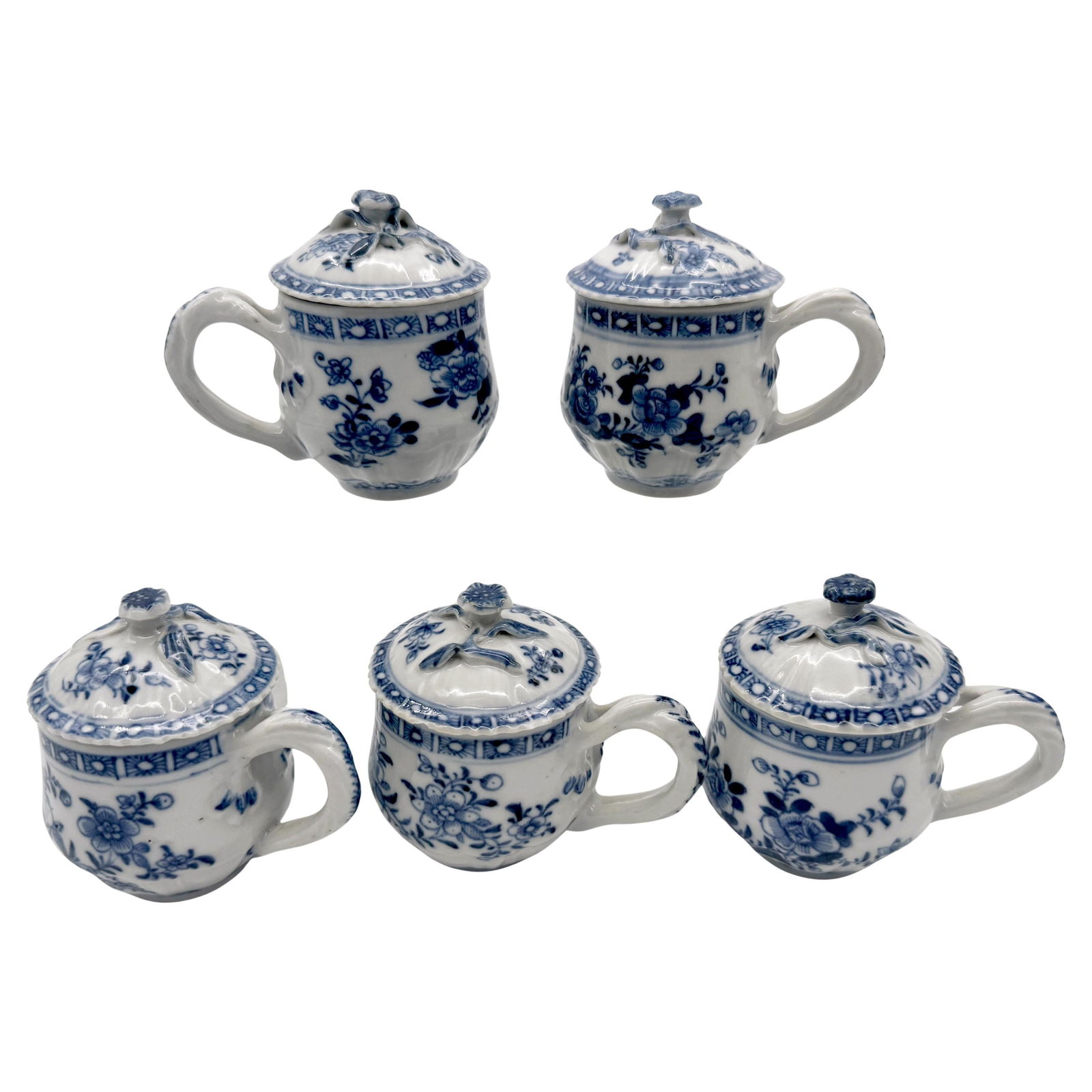 Set of 5 Qing Dynasty Qianlong Blue & White Floral Cups with Covers (1 of 17)