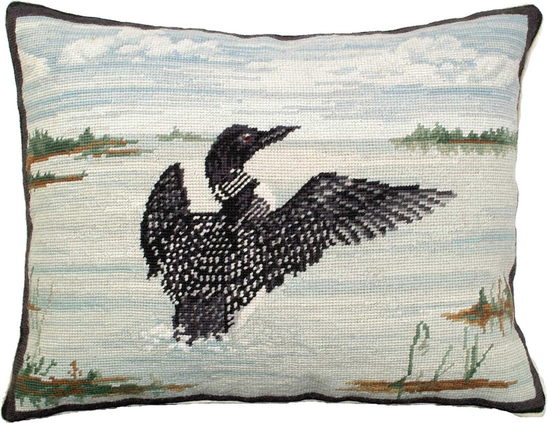 Rustic Handcrafted Loon in Flight Needlepoint Throw Pillow 16x20 (1 of 1)