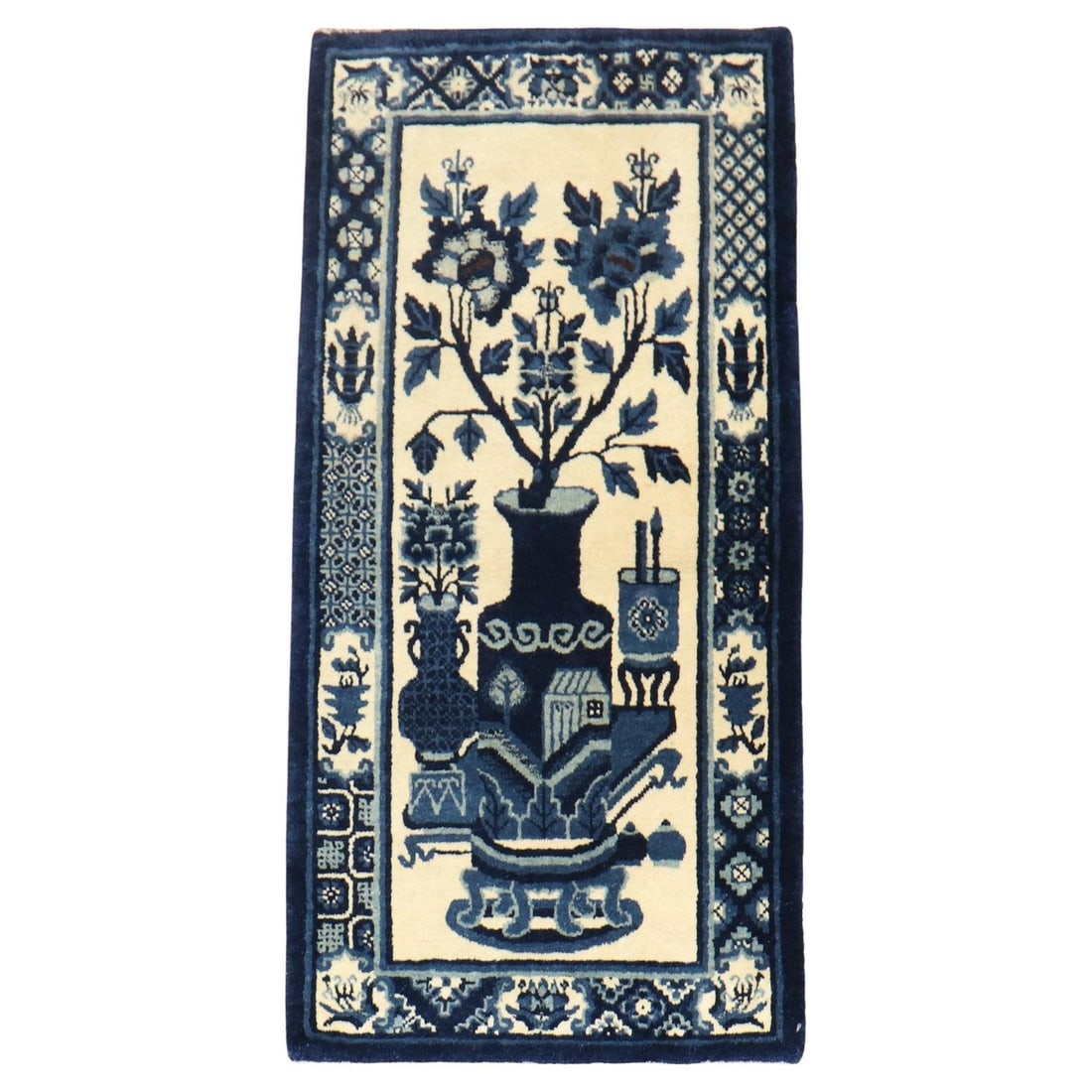 Ivory Chinese Peking Agra Style Wool Rug 26 x 51 Inches (1 of 7)