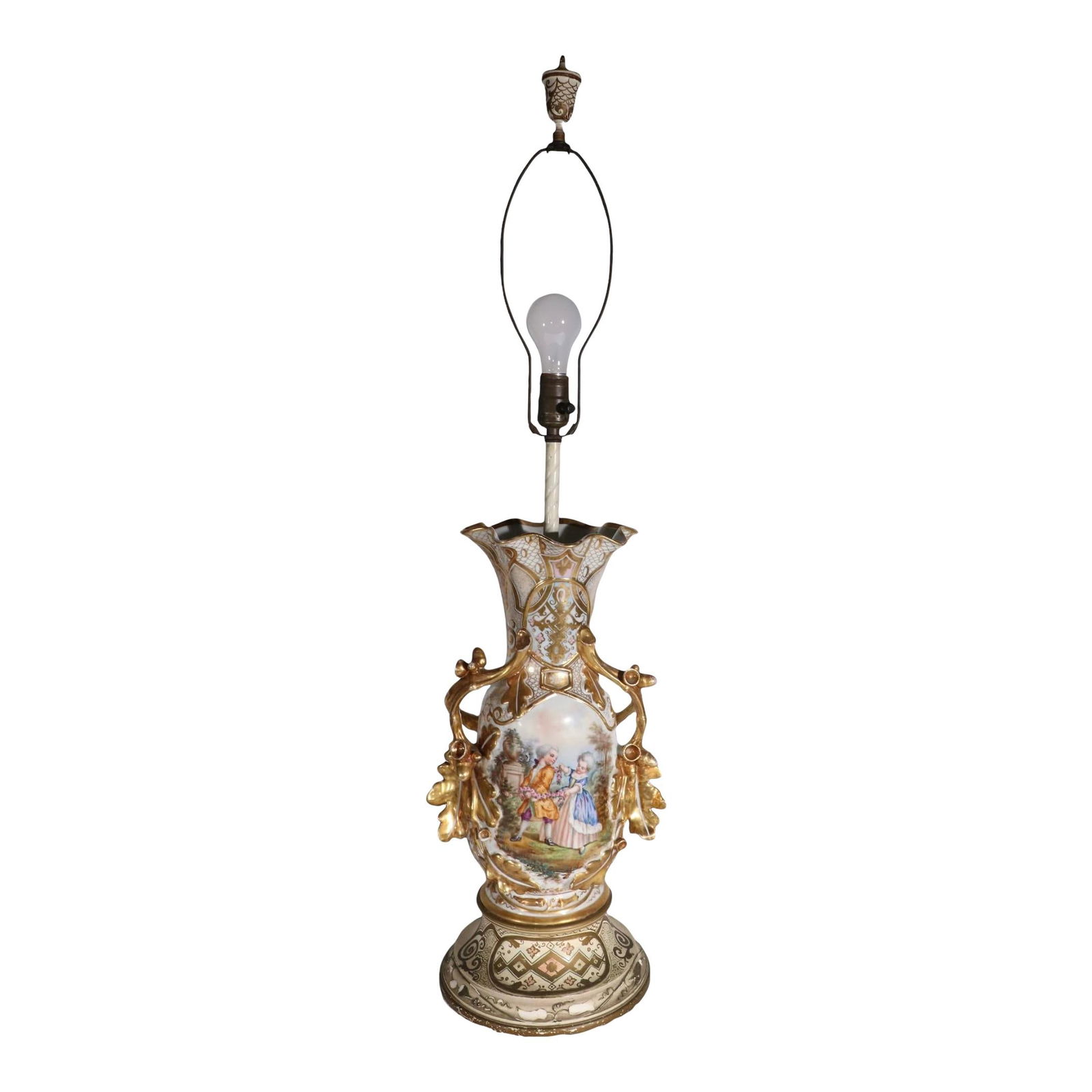 20th Century Old Paris Porcelain Gilt Table Lamp with Hand Painted Scene: 20th Century Old Paris Porcelain Gilt Table Lamp with Hand Painted Scene This exquisite Old Paris style porcelain gilt figural vase has been expertly transformed into a stunning table lamp. The lamp s
