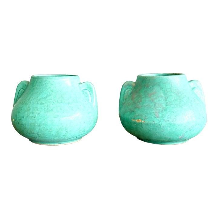 Vintage Boho Ceramic Vase Set of 2 Turquoise Glaze (1 of 7)