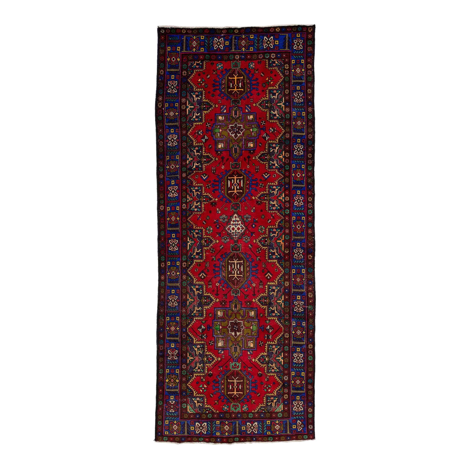 Vintage 1960s Handmade Heriz Wool Runner Red Multicolor Design 5' x 13'1: Vintage 1960s Handmade Heriz Wool Runner Red Multicolor Design 5' x 13'1 This exquisite handmade wool Persian runner features a vibrant red field adorned with a captivating multicolor tribal design. P