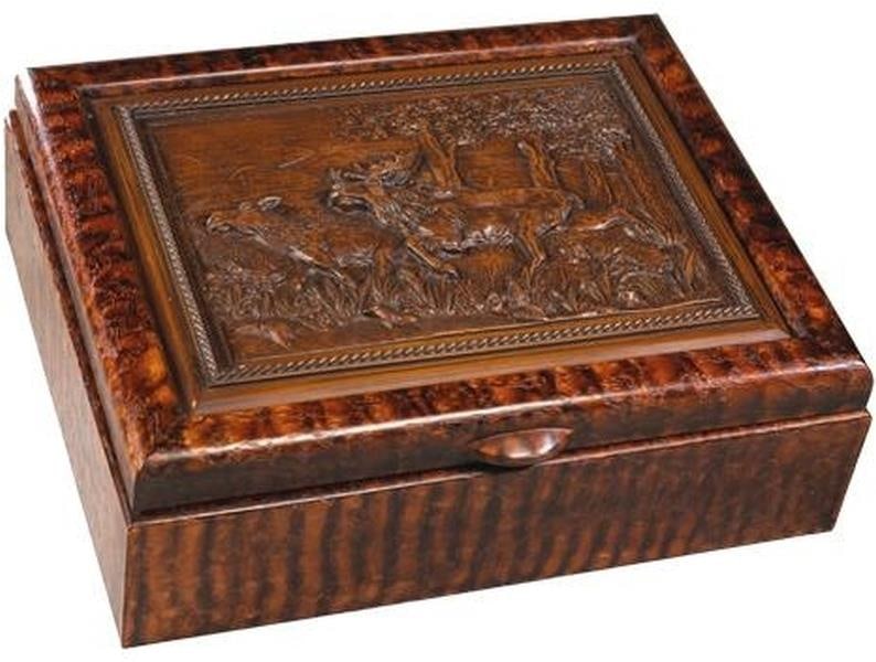 Lodge Style Hand-Painted Moose Box with Hinged Lid: Lodge Style Hand-Painted Moose Box with Hinged Lid This hand-painted moose box features a hinged lid and is crafted from durable resin, showcasing a beautiful green finish. Designed in a lodge style,