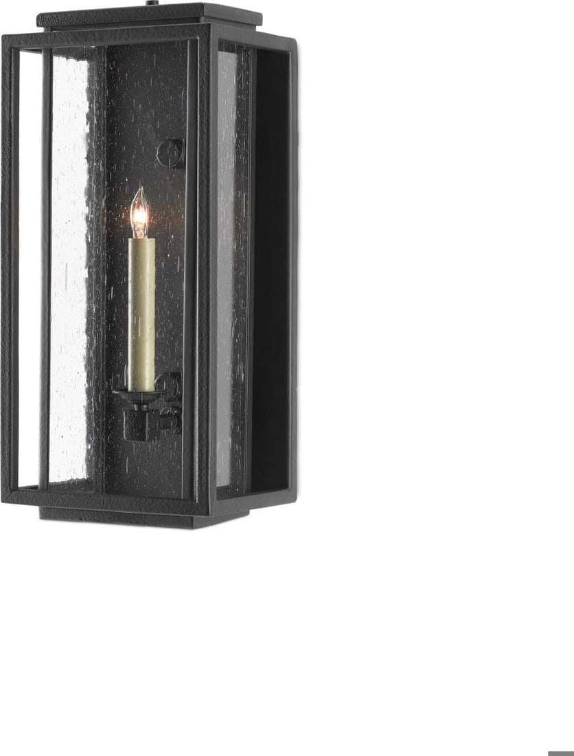 Currey Wright Collection Black Iron Outdoor Sconce with Seeded Glass: Currey Wright Collection Black Iron Outdoor Sconce with Seeded Glass Transform your outdoor space with this stunning Black Iron Outdoor Sconce featuring Seeded Glass. Designed in the Arts and Crafts