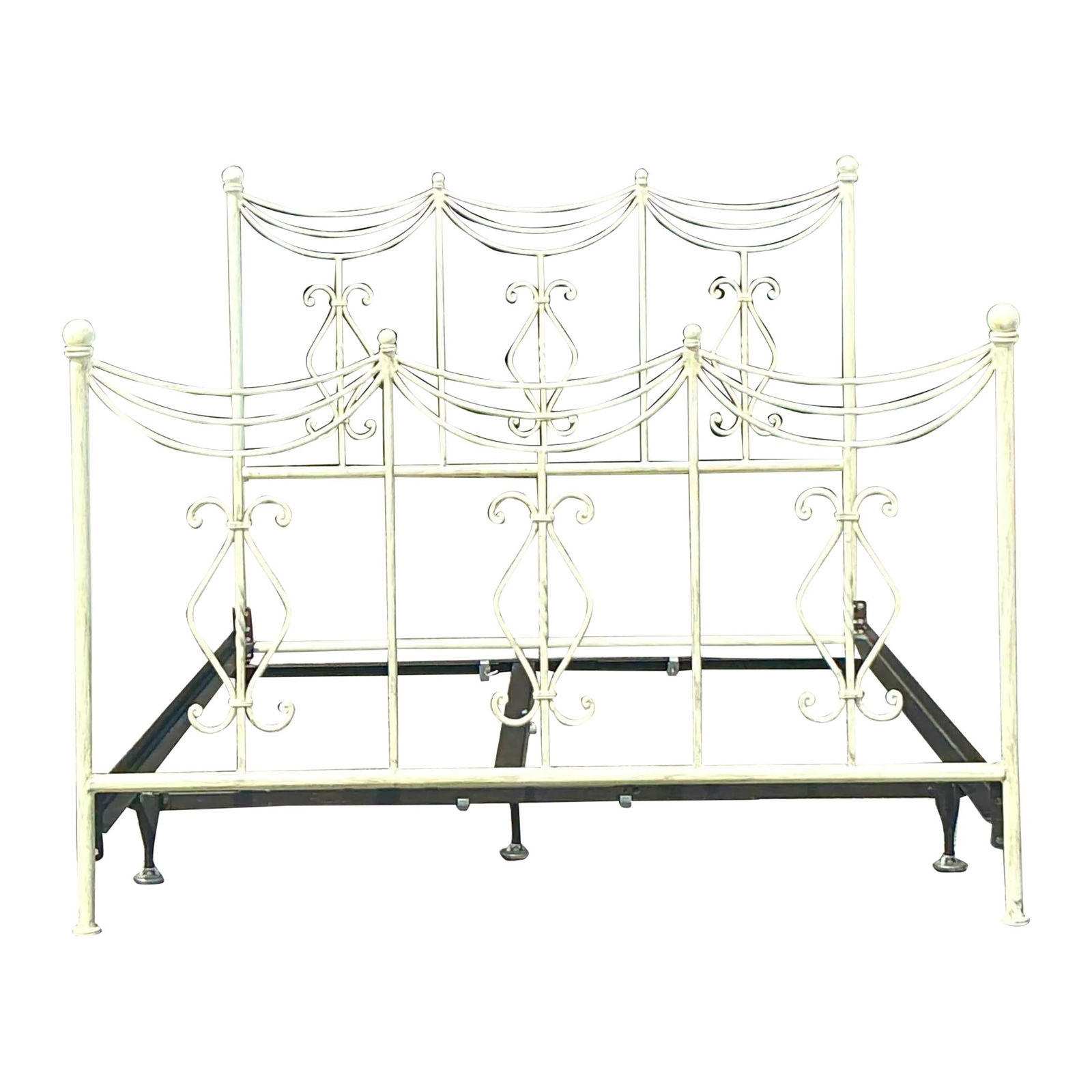 Vintage Regency Metal Queen Bed Antique White with Scrollwork: Vintage Regency Metal Queen Bed Antique White with Scrollwork Elevate your bedroom with this stunning Vintage Regency swag metal queen bed, featuring exquisite ornate scrollwork and a romantic draped