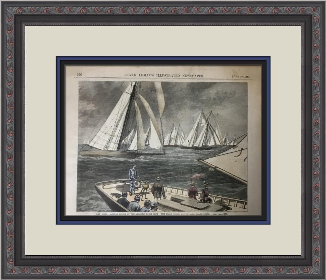 1887 Leslie's Weekly Yacht Club Engraving Custom Framed: 1887 Leslie's Weekly Yacht Club Engraving Custom Framed This original 1887 newspaper from Leslie's Weekly features a stunning hand-colored engraving of a yacht club, making it a remarkable piece for