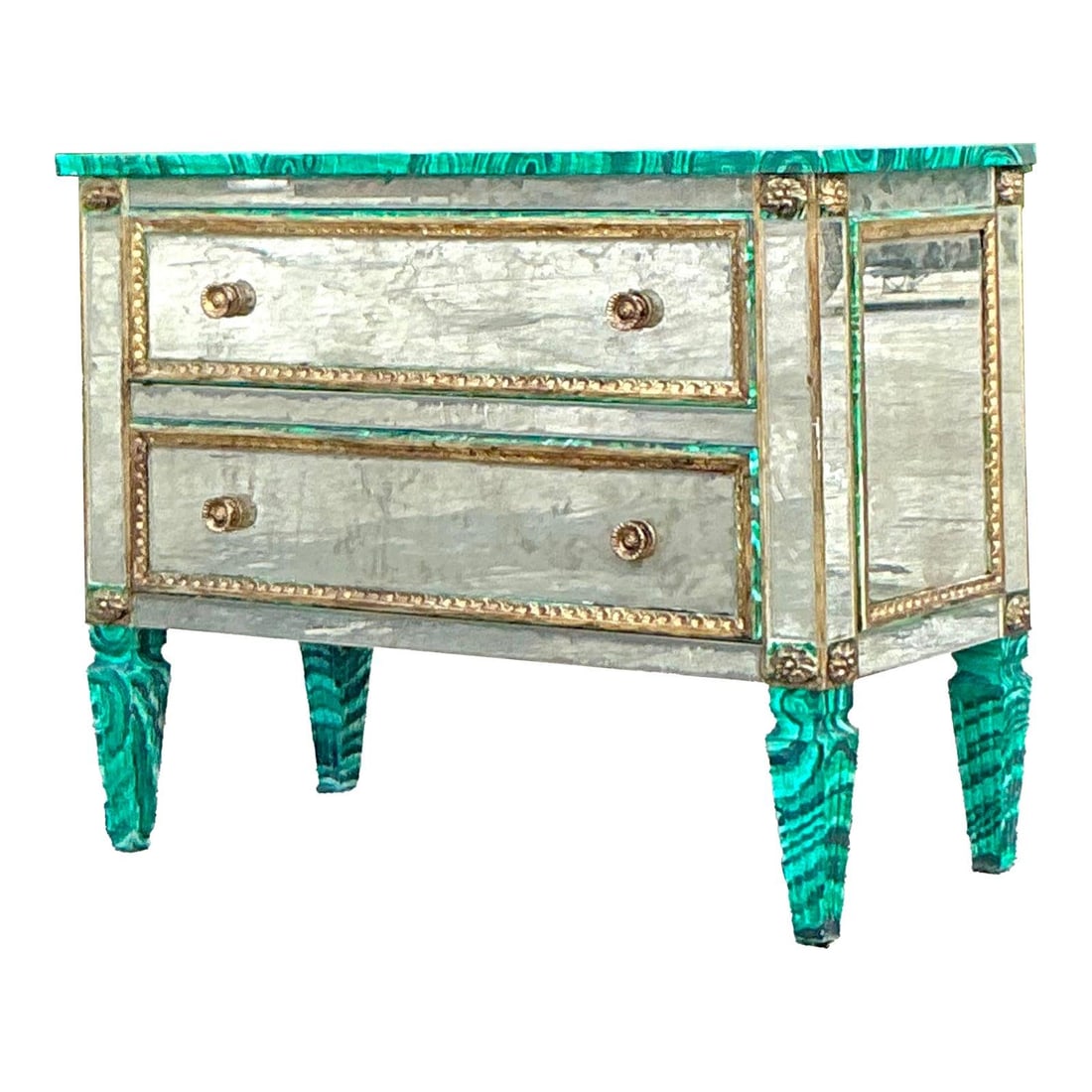 Vintage Hollywood Regency Faux Malachite Mirrored Chest of Drawers: Vintage Hollywood Regency Faux Malachite Mirrored Chest of Drawers Experience the allure of vintage glamour with this exquisite Hollywood Regency chest of drawers. This decorative masterpiece