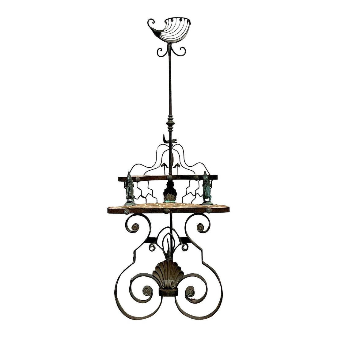 Vintage Boho Artisan Wrought Iron Corner Table with Mosaic Shelves: Vintage Boho Artisan Wrought Iron Corner Table with Mosaic Shelves Enhance your space with this Vintage Boho Artisan Wrought Iron Corner Table, a stunning blend of old-world craftsmanship and