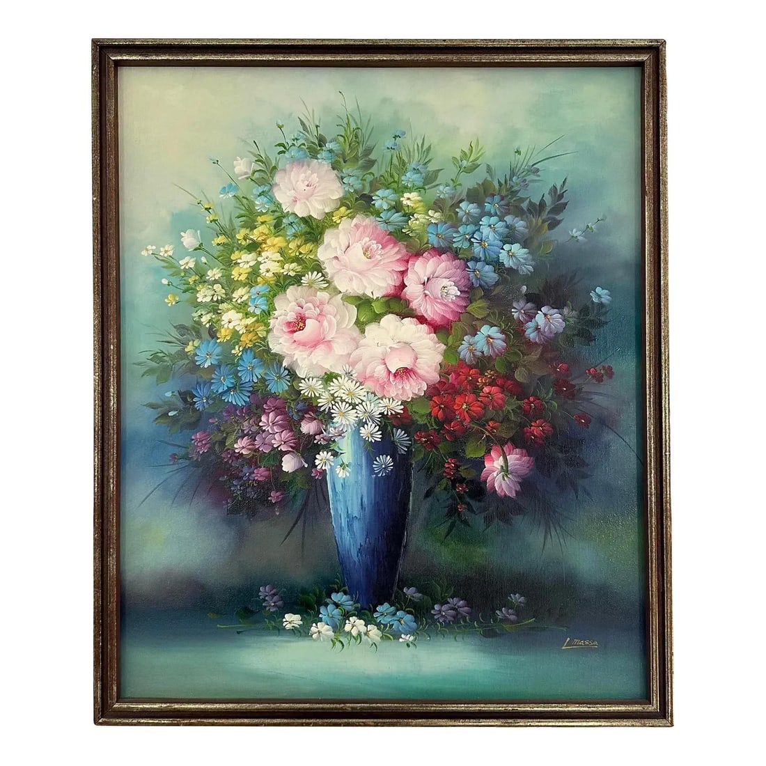 Framed Oil Painting of Colorful Floral Bouquet on Canvas: Framed Oil Painting of Colorful Floral Bouquet on Canvas This vintage boho floral oil painting on canvas features a vibrant bouquet of flowers arranged in a classic blue vase. The artwork showcases a