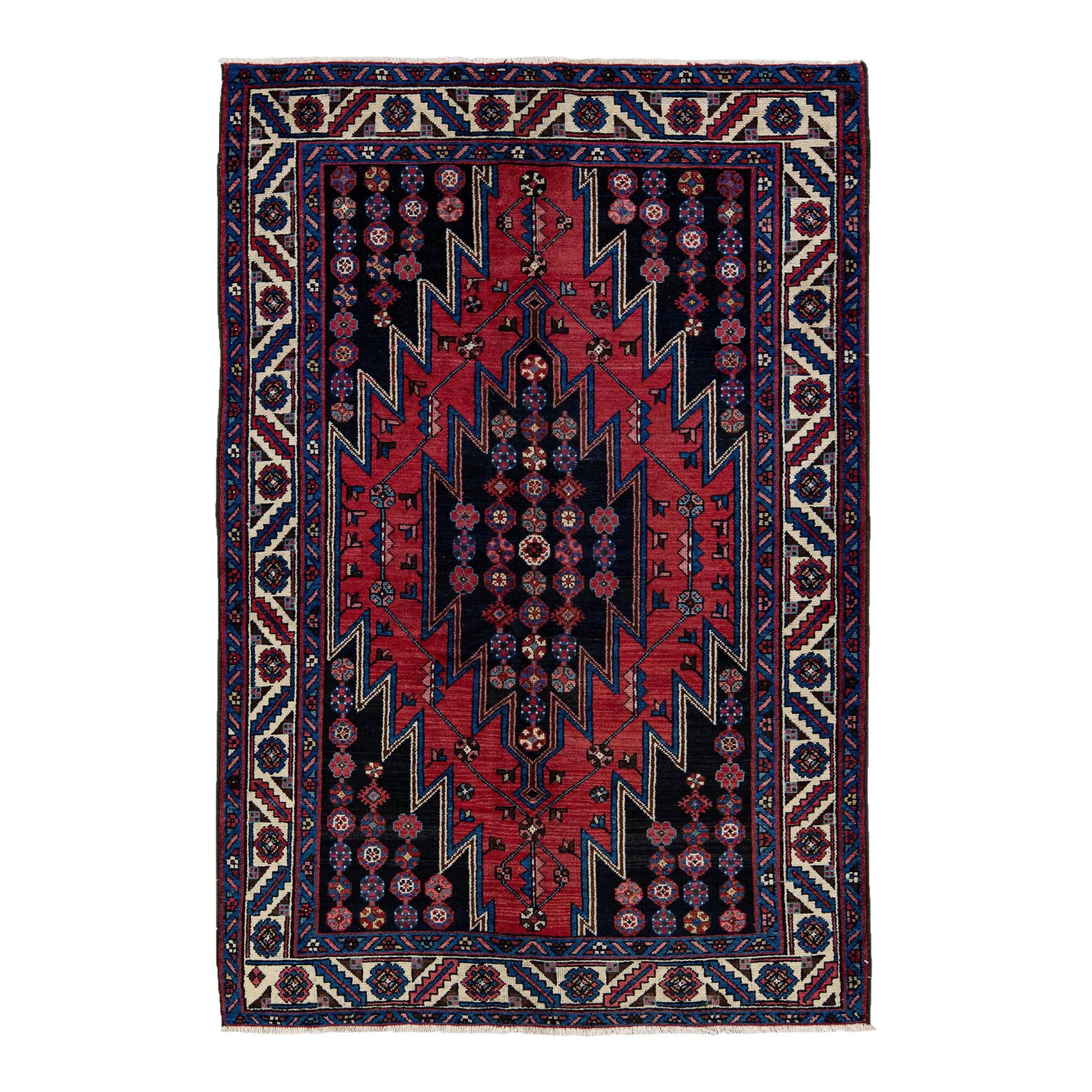 Vintage Handmade Persian Geometric Wool Rug Navy Blue 4'3" x 6'4": Vintage Handmade Persian Geometric Wool Rug Navy Blue 4'3" x 6'4" Enhance your space with this beautiful vintage Persian hand-knotted wool rug featuring a rich navy blue field. The rug showcases a cap