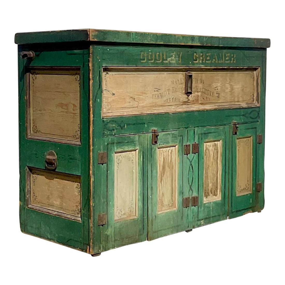 Vintage A.H. Reid Boho Creamery Cabinet Bottle Green Wood Metal: Vintage A.H. Reid Boho Creamery Cabinet Bottle Green Wood Metal Discover this extraordinary early 20th-century rustic creamery cabinet, an authentic piece from the iconic A.H. Reid creamery in Philade