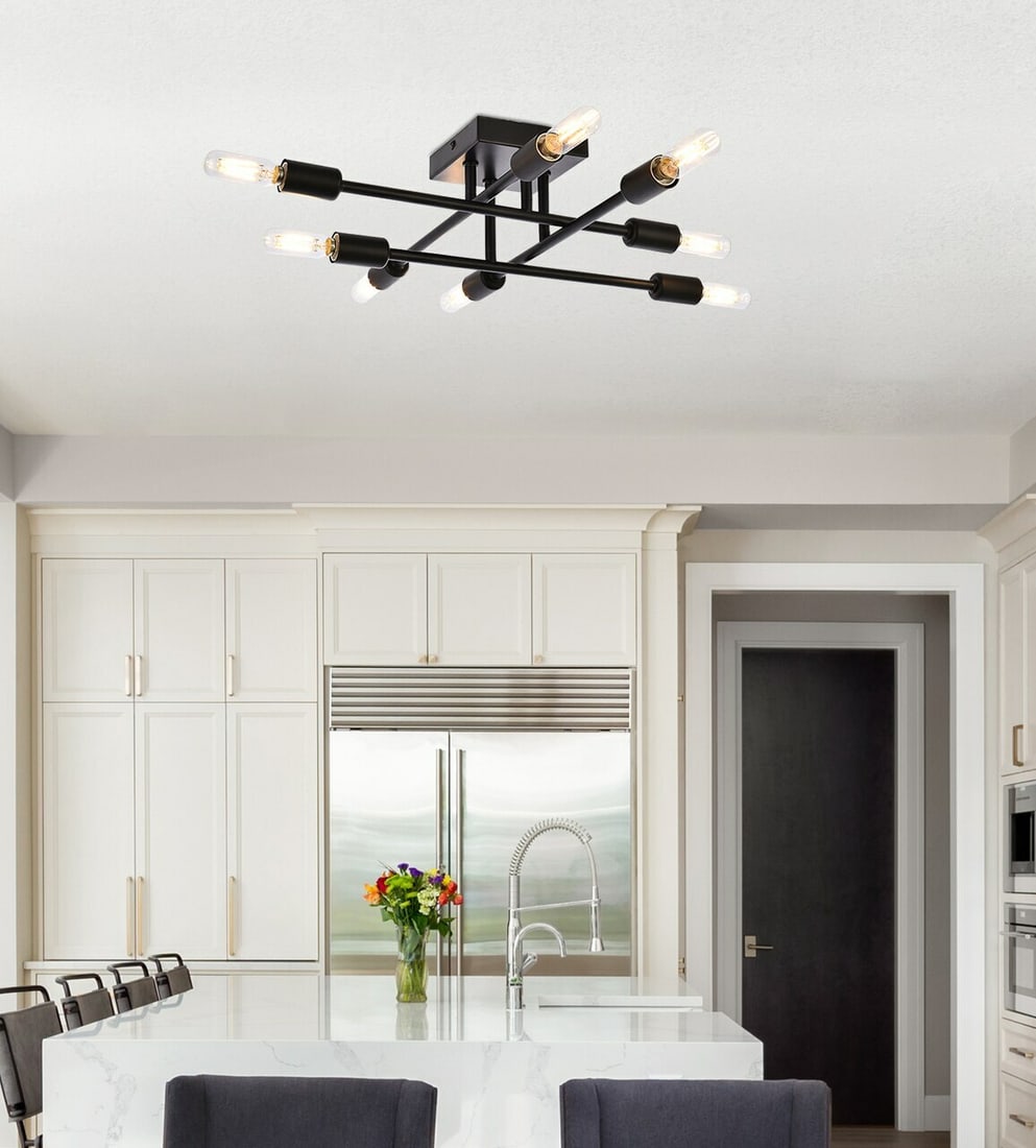 Modern Black Flush Mount Script Chandelier 8-Light 19.1 Inch Steel Ceiling Fixture (1 of 8)