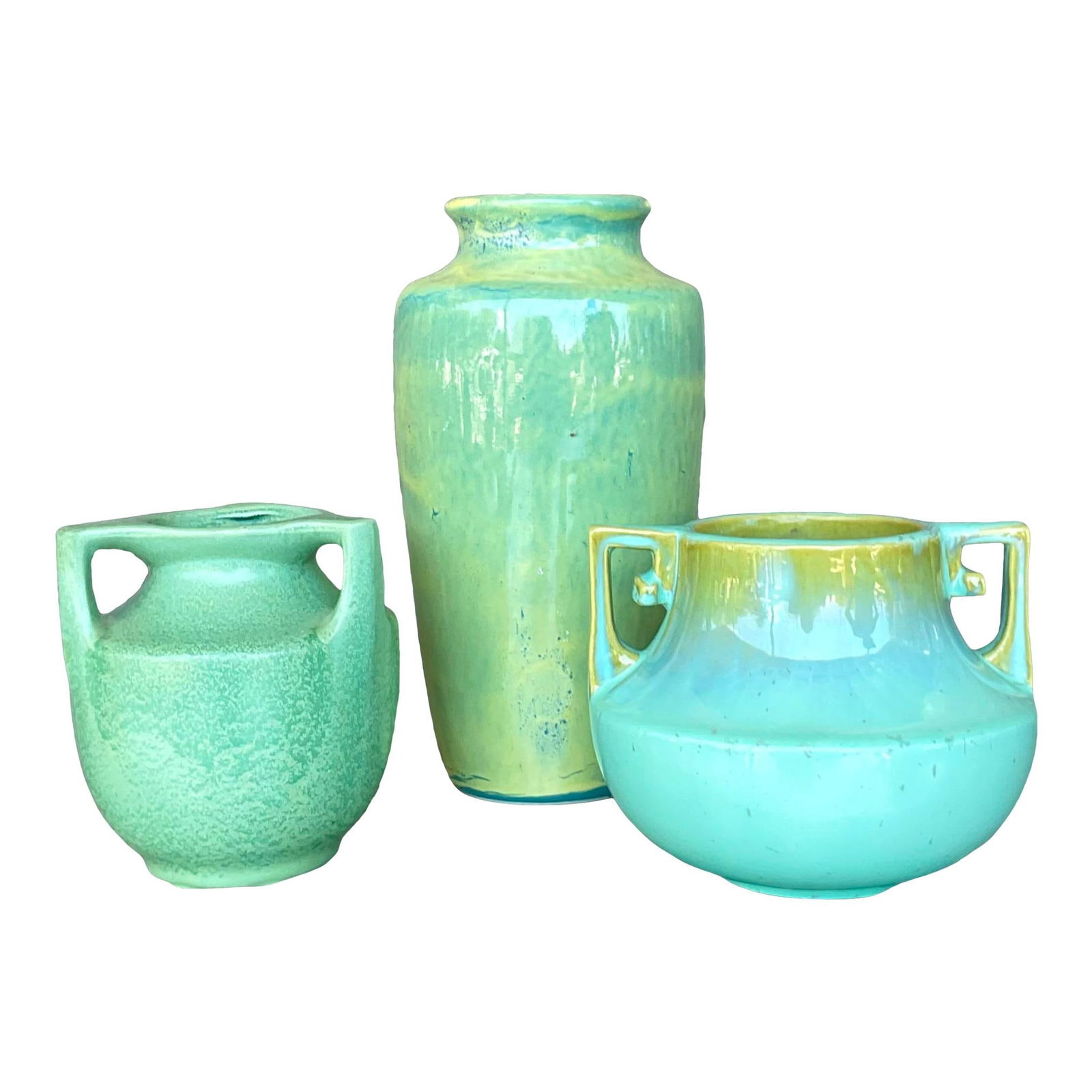 Vintage Boho Celadon Ceramic Pottery Trio Set: Vintage Boho Celadon Ceramic Pottery Trio Set This Vintage Boho Glazed Ceramic Trio of Pottery beautifully blends rustic charm and timeless elegance, embodying the essence of American artistry. Each p