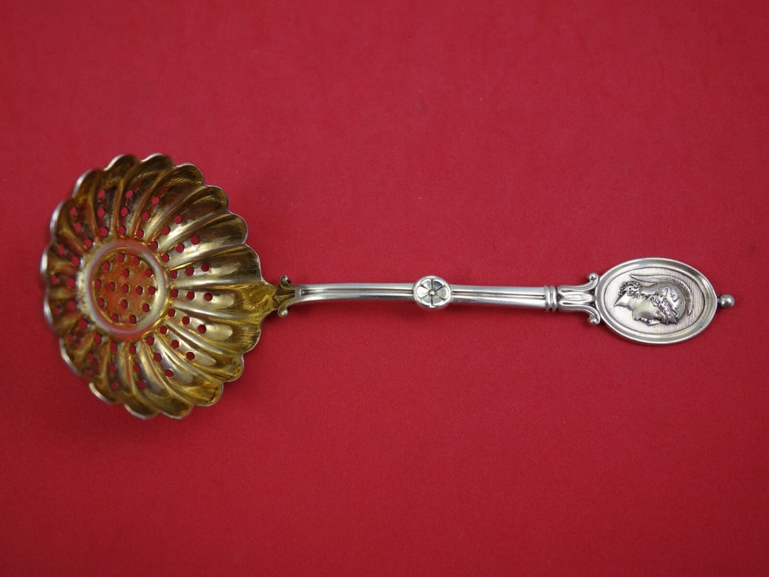 Wendt Medallion Sterling Silver Sugar Sifter Goldwashed 6 1/4 Inches: Wendt Medallion Sterling Silver Sugar Sifter Goldwashed 6 1/4 Inches This exquisite Medallion pattern sugar sifter, crafted by Wendt, showcases a stunning goldwashed finish on sterling silver. Measuri