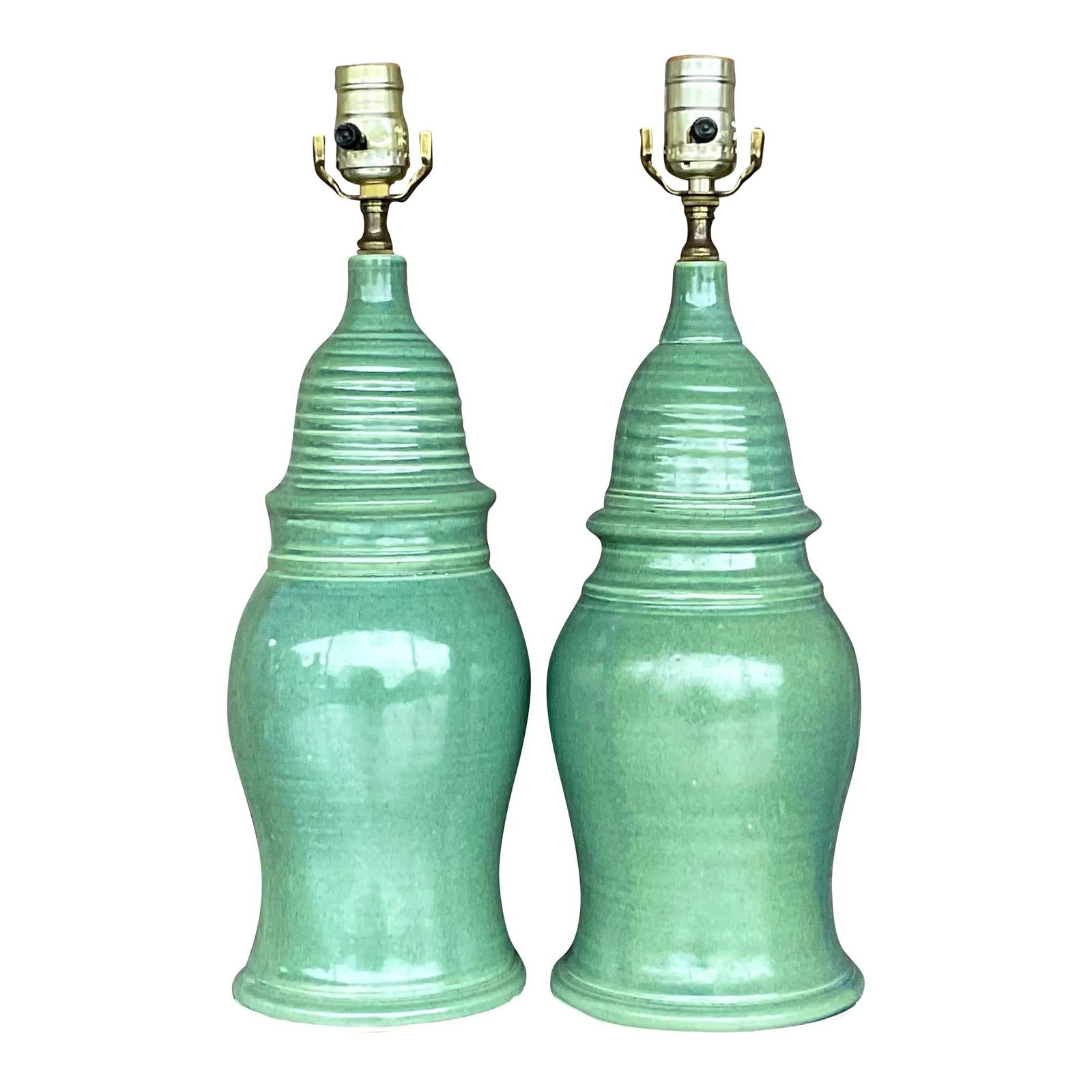 Chic Vintage Boho Jade Green Ceramic Table Lamps - Pair: Chic Vintage Boho Jade Green Ceramic Table Lamps - Pair Illuminate your space with this stunning pair of vintage Boho table lamps. Each lamp features a unique hand-thrown shape, showcasing a beautiful
