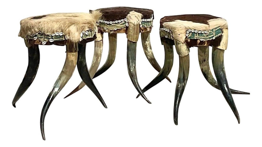 Set of 3 Rustic Bohemian Horn Stools Eclectic American Style (1 of 10)