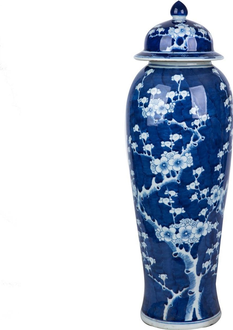 Chinoiserie Ceramic Plum Tree Jar Hand-Crafted Blue White Finish (1 of 3)