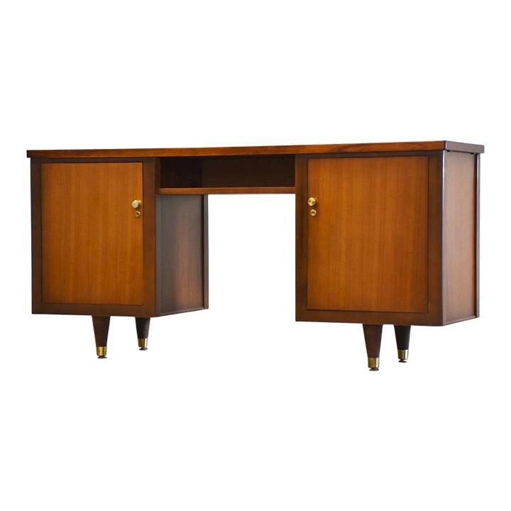 Mid Century Modern Walnut Double Bank Desk with Shelving (1 of 9)