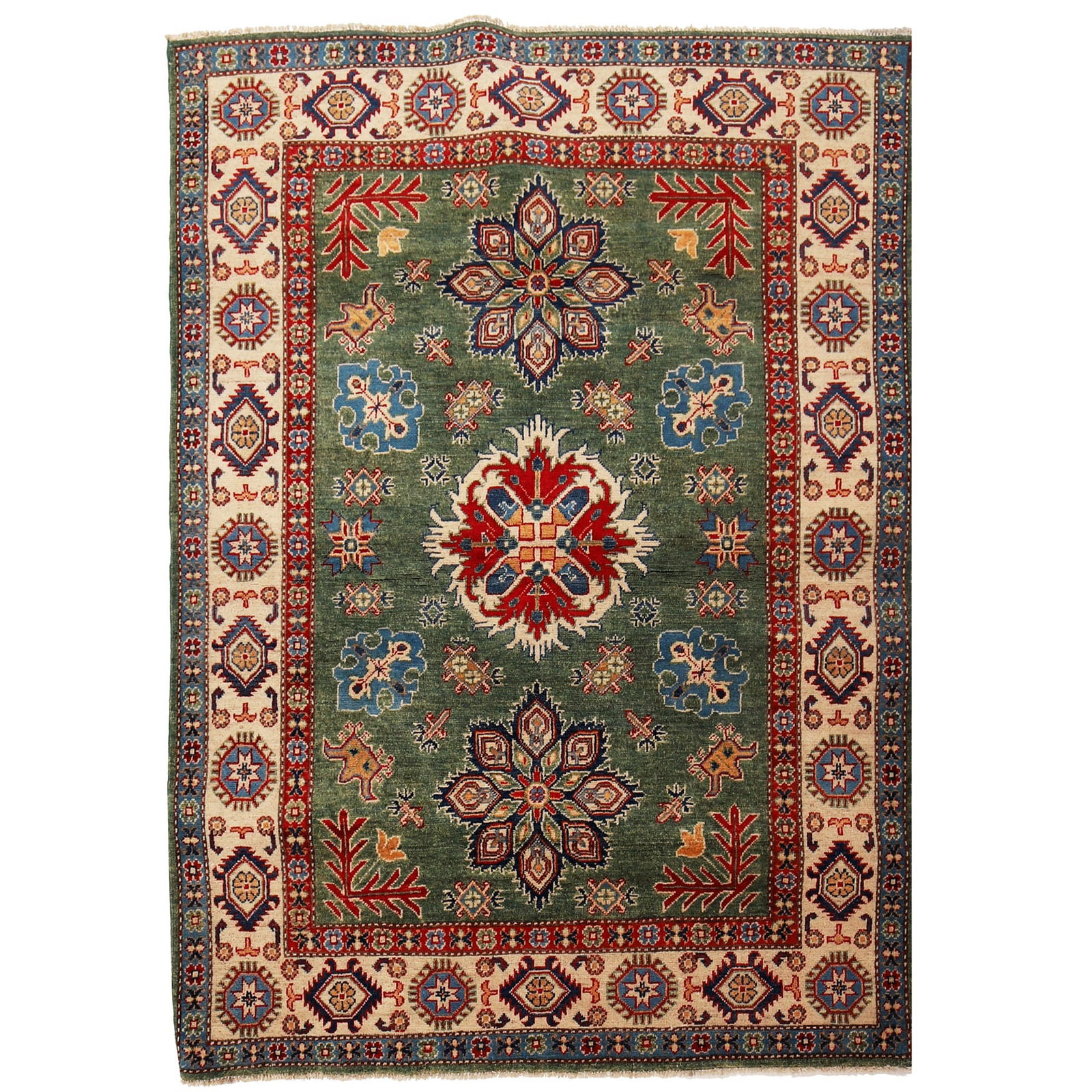 Elegant Handmade Sage Green Kazak Rug 4.9 x 6.5 Feet: Elegant Handmade Sage Green Kazak Rug 4.9 x 6.5 Feet Free continental US Shipping Introducing the exquisite 4.9 x 6.5 Handmade Sage Green Kazak Rug, a perfect blend of traditional craftsmanship and co