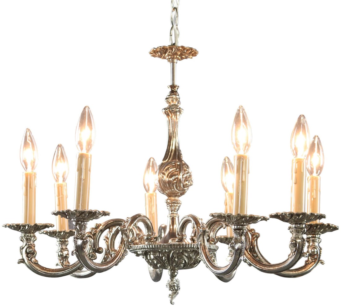 1970s French Rococo 8-Arm Nickel Bowl Chandelier: 1970s French Rococo 8-Arm Nickel Bowl Chandelier Illuminate your space with this stunning 1970s French Rococo Nickel Chandelier, featuring an elegant design that showcases the intricate craftsmanship
