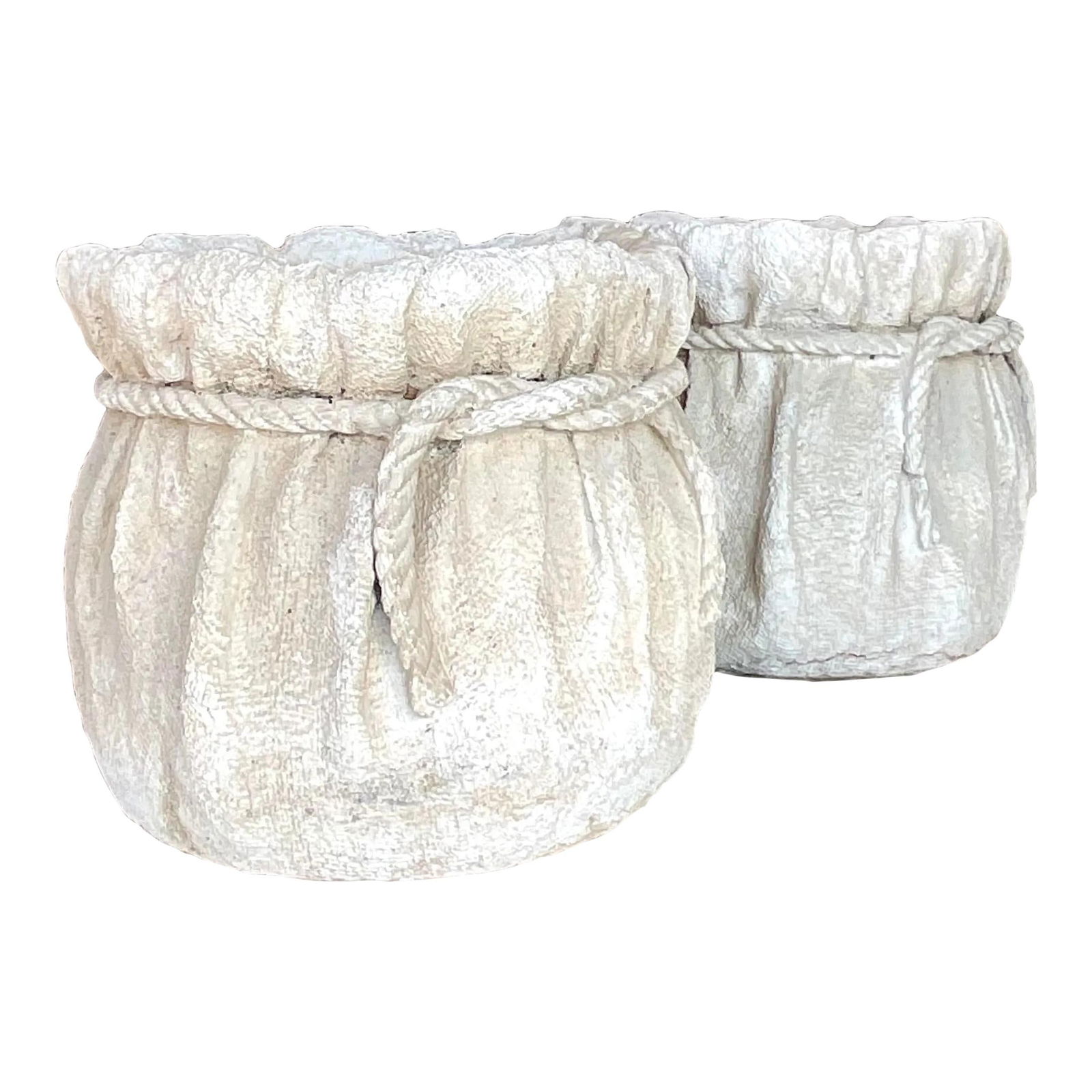 Vintage Boho Terra Cotta Planters Pair White Hand-Painted: Vintage Boho Terra Cotta Planters Pair White Hand-Painted Enhance your greenery with this charming pair of vintage painted terra cotta rope planters. Showcasing hand-painted details and natural textur