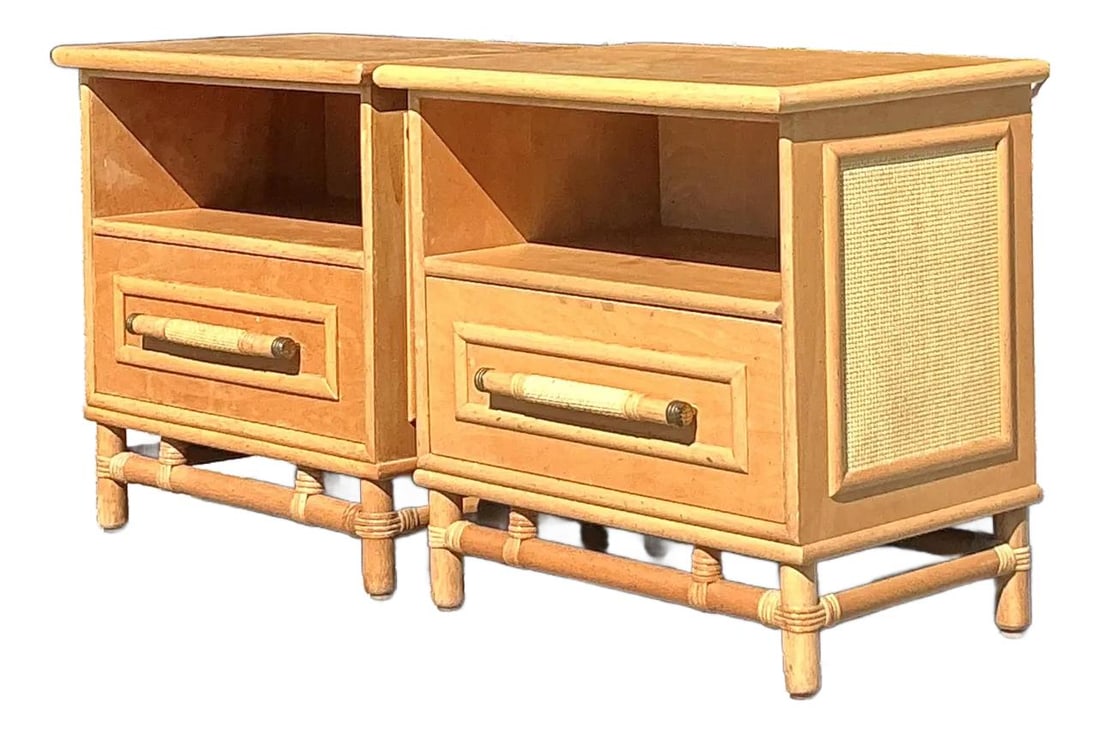 Charming Vintage Rattan Nightstands Pair with Brass Accents: Charming Vintage Rattan Nightstands Pair with Brass Accents Enhance your home with this exquisite pair of vintage rattan-trimmed nightstands, embodying timeless coastal charm. Crafted with a warm natu