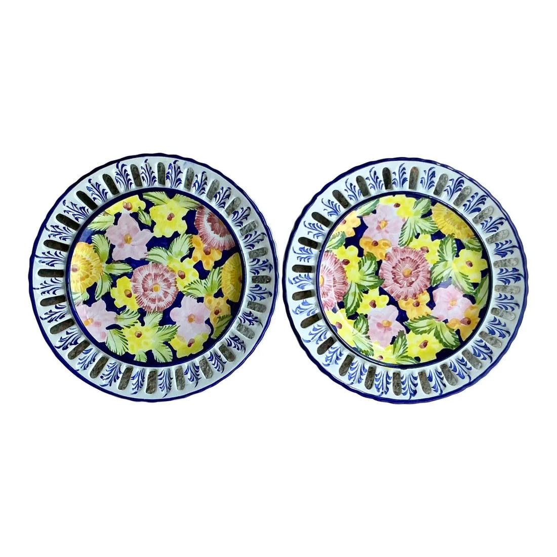Vintage Regency Portuguese Floral Plates Set of 2 Navy Blue Ceramic (1 of 9)