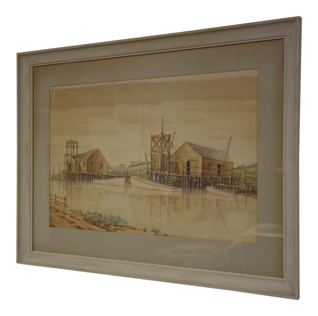 Vintage Watercolor Harbor Art 34 x 26 Tan Painting (1 of 6)