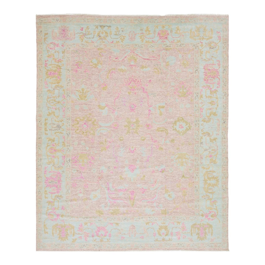 Hand-Knotted Pink Wool Rug Modern Oushak Medallion Floral Pattern 12'7" x 15'4": Hand-Knotted Pink Wool Rug Modern Oushak Medallion Floral Pattern 12'7" x 15'4" This handmade contemporary Oushak-style rug is crafted from 100% wool and features a refined medallion design adorned wi