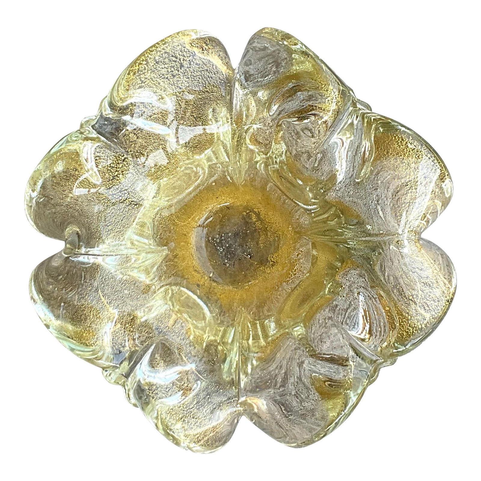 Murano Style Vintage Italian Art Glass Bowl 7x7 Brass: Murano Style Vintage Italian Art Glass Bowl 7x7 Brass This stunning vintage Italian art glass bowl is crafted in the spirit of Murano, showcasing bold colors and an intricate design that makes it a tr
