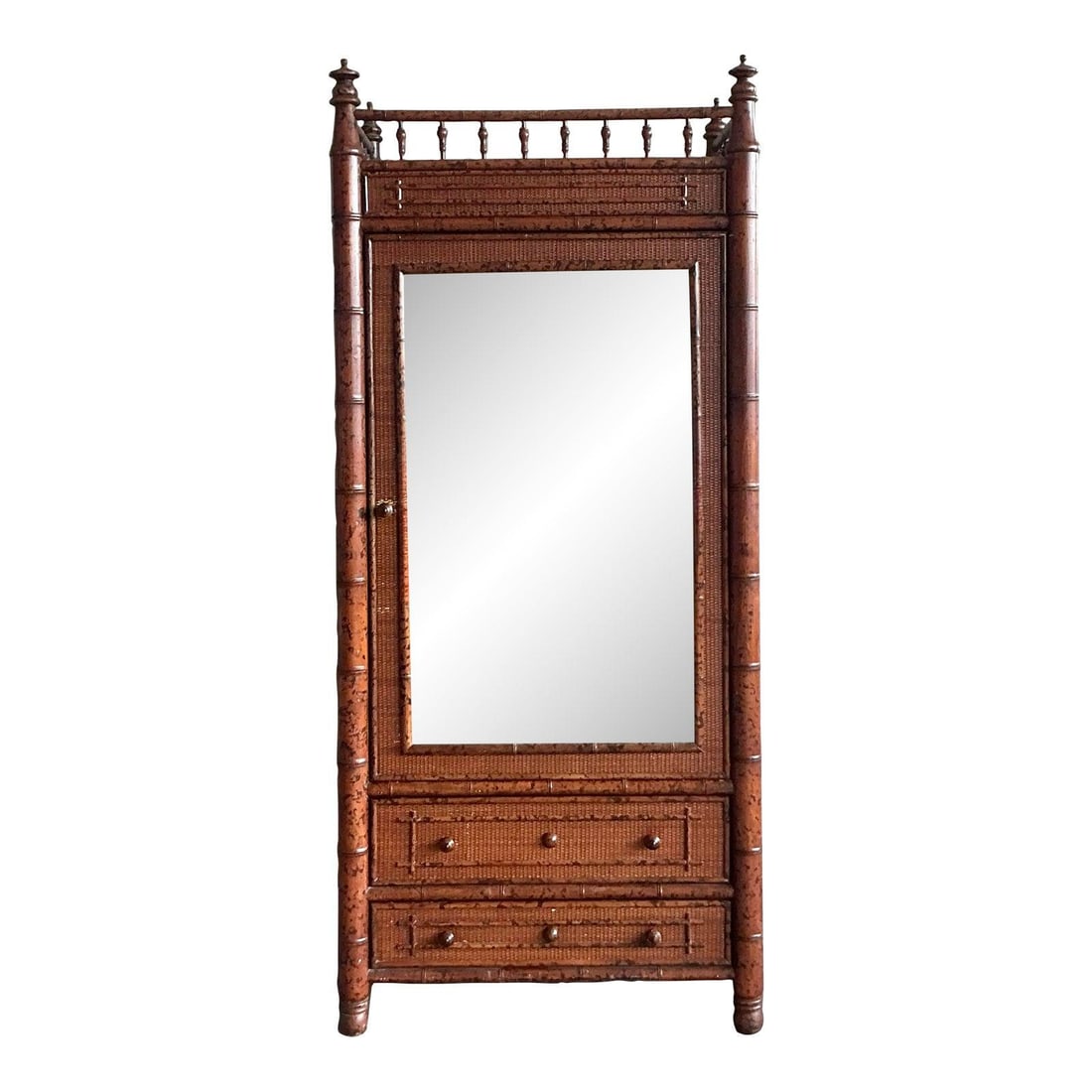 Vintage Boho Bamboo Armoire with Rattan Panels and Mirror: Vintage Boho Bamboo Armoire with Rattan Panels and Mirror This stunning vintage armoire is a breathtaking statement piece that captures the exotic allure of British Colonial and Chinoiserie styles. Cr