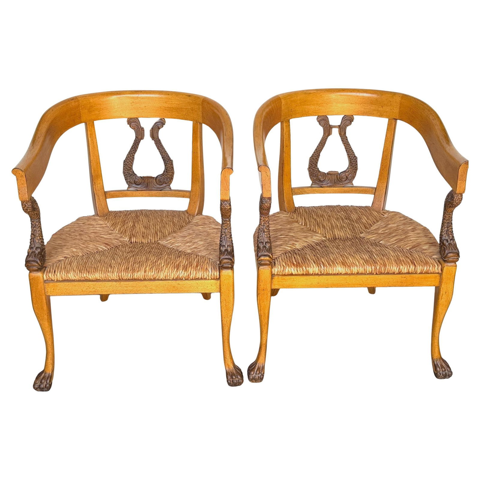 Set of 2 Italian Neoclassical Dolphin Armchairs With Rush Seats Late 20th Century (1 of 11)