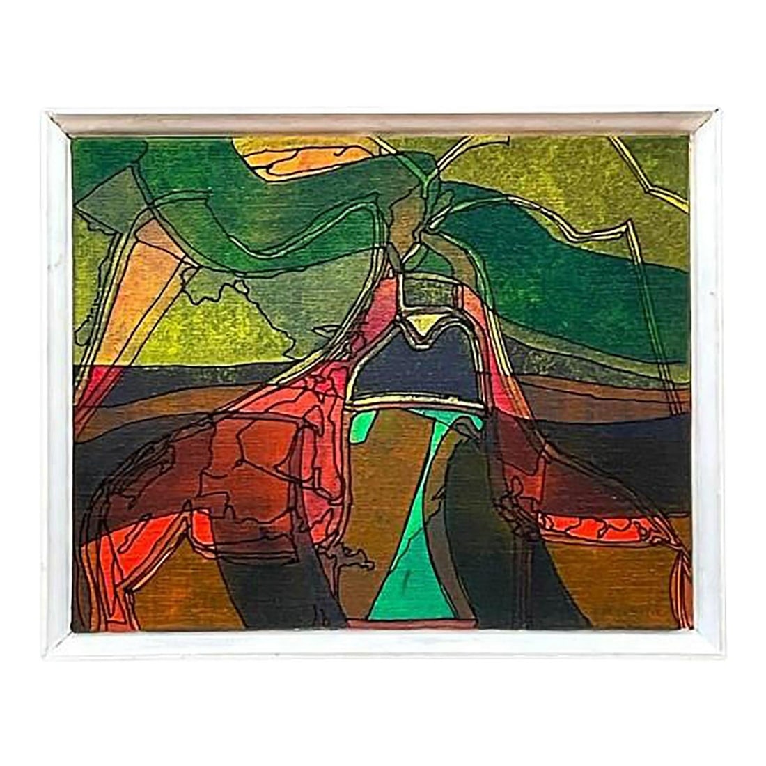 Abstract Bohemian Oil Painting on Canvas with Bold Green Hues: Abstract Bohemian Oil Painting on Canvas with Bold Green Hues This vintage boho abstract oil painting on canvas features bold colors and freeform shapes, capturing the eclectic and spontaneous