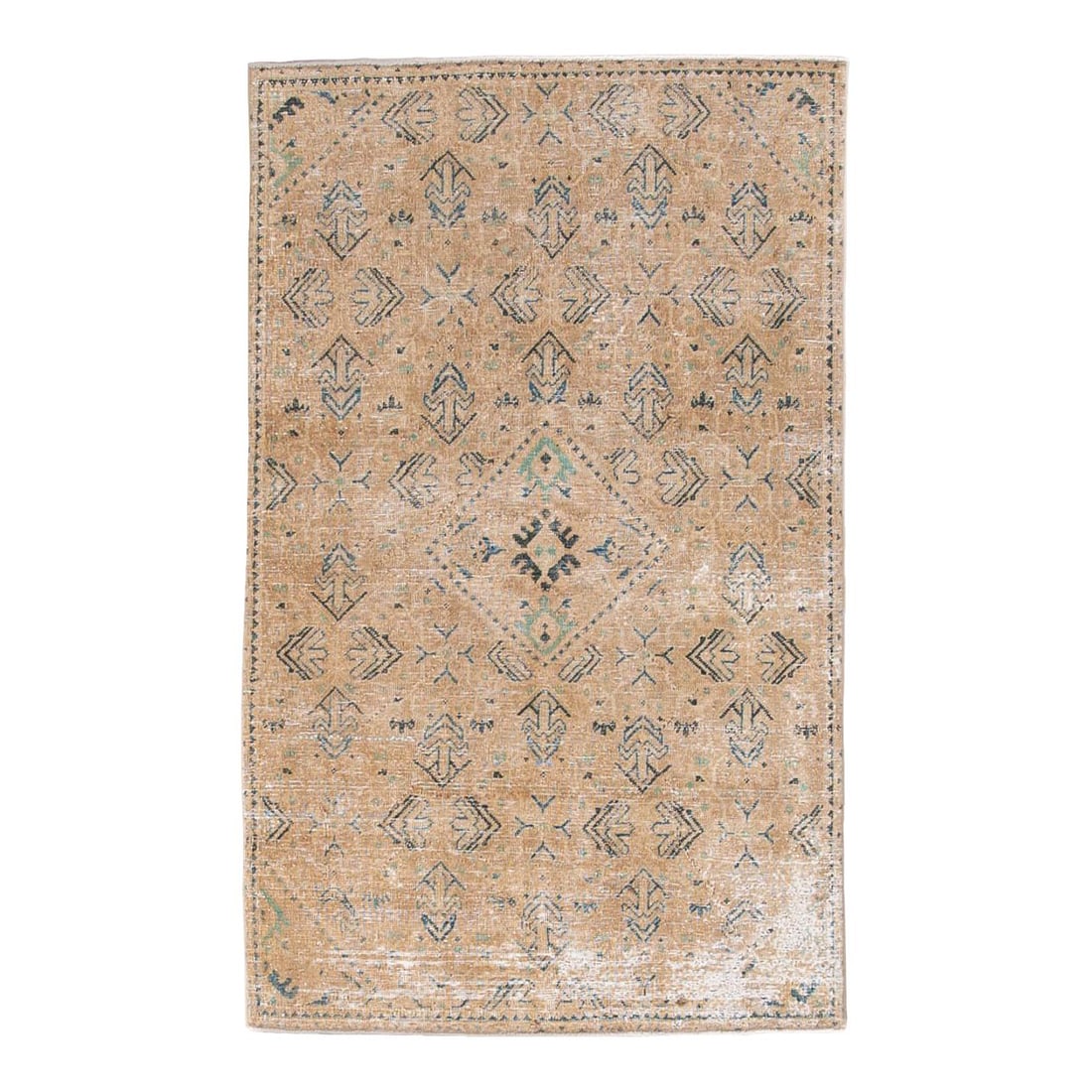 Vintage Persian Handmade Beige Geometric Wool Rug 3'8 x 6: Vintage Persian Handmade Beige Geometric Wool Rug 3'8 x 6 Enhance your space with this beautiful Vintage Persian Distressed Hand-knotted Wool Rug. Featuring a soft beige field adorned with blue accent