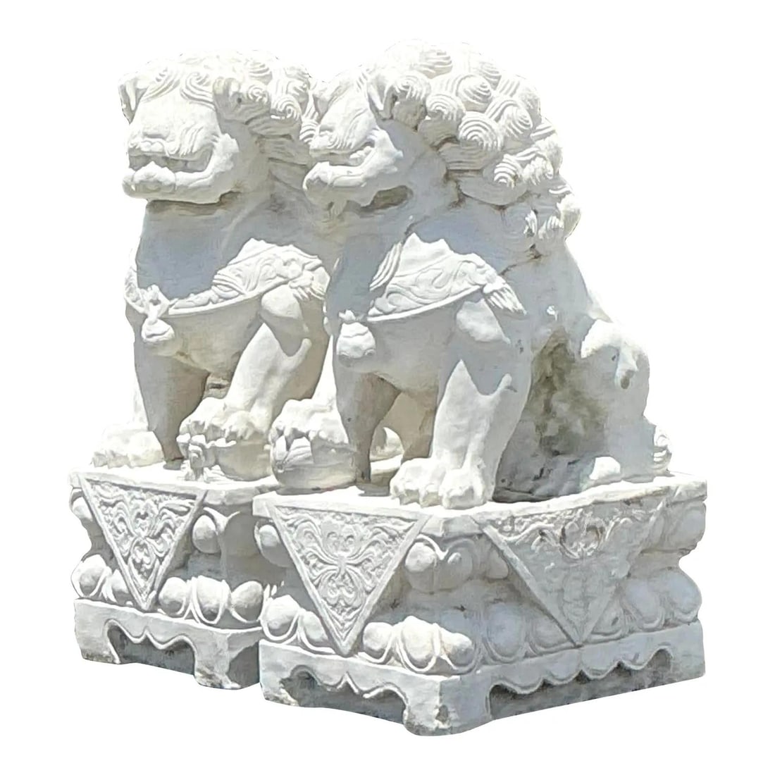 Vintage Boho Carved Stone Foo Dogs Pair 30 Inches Tall: Vintage Boho Carved Stone Foo Dogs Pair 30 Inches Tall Enhance your living space with this stunning pair of vintage carved stone Foo Dogs, known for their role as ancient guardians. Hand-carved from s