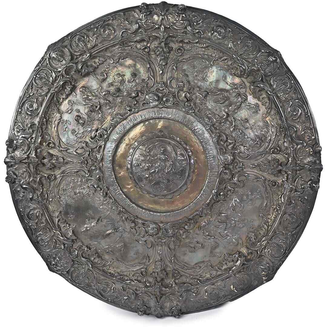 Art Nouveau Sterling Silver Decorative Shield with Cherub 19 inch: Art Nouveau Sterling Silver Decorative Shield with Cherub 19 inch This stunning decorative shield features an exquisite Art Nouveau design, showcasing a cherub and an elegant woman. Crafted from high-