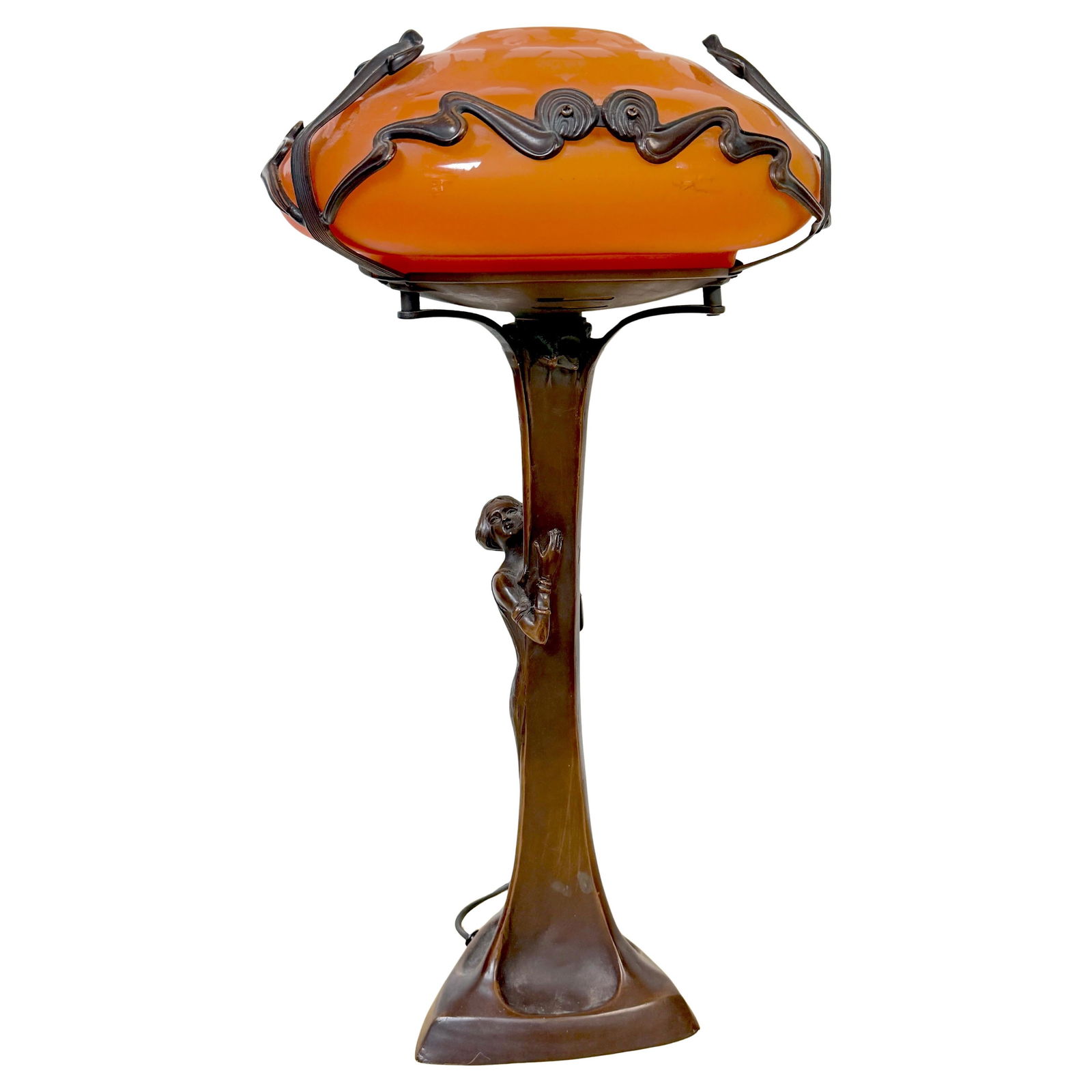 Figural Bronze Art Nouveau Lamp with Loetz Inspired Orange Acid Etched Shade (1 of 18)